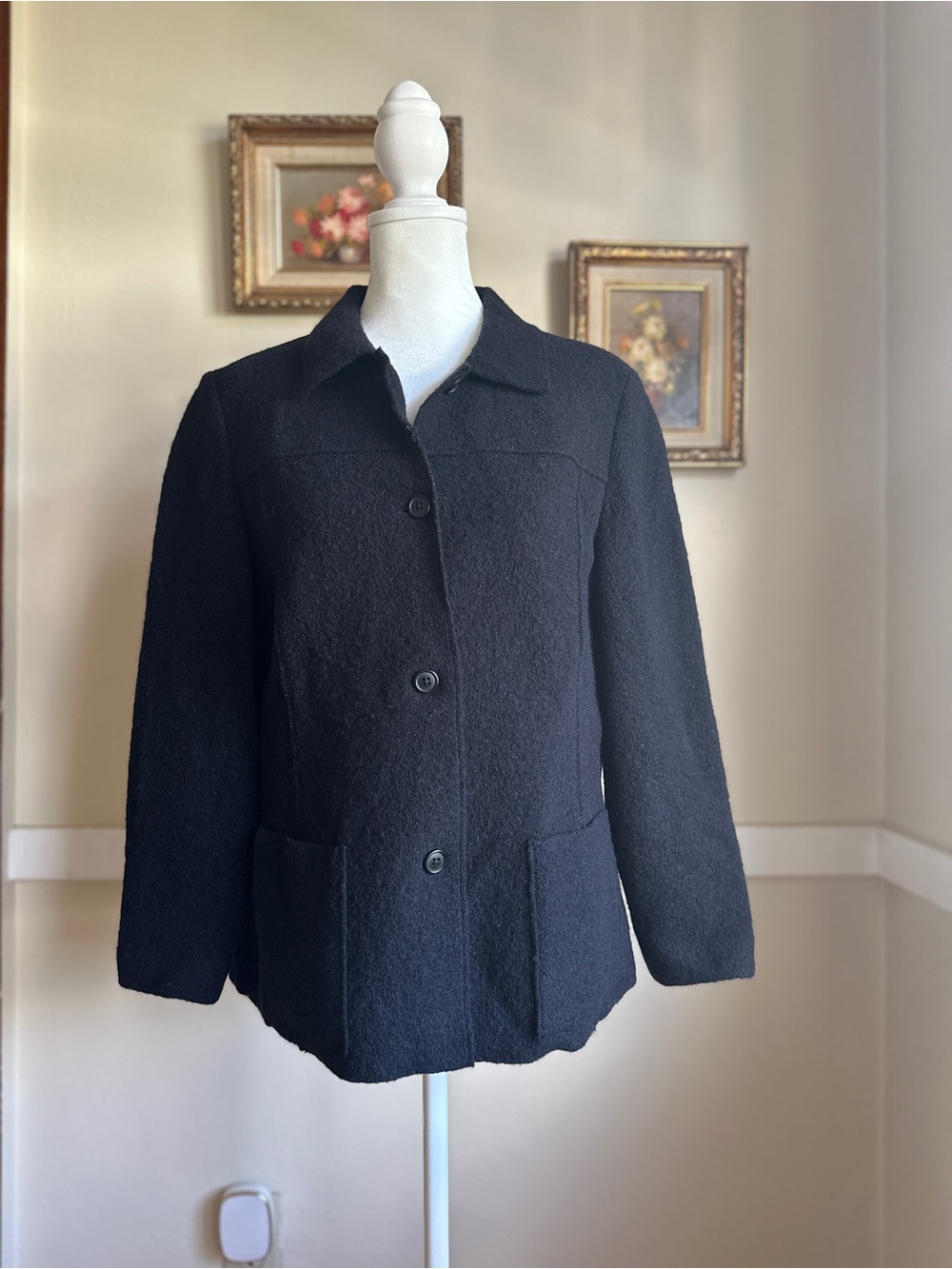 100% Wool Boxy Jacket by Lands' End Black Size 10P